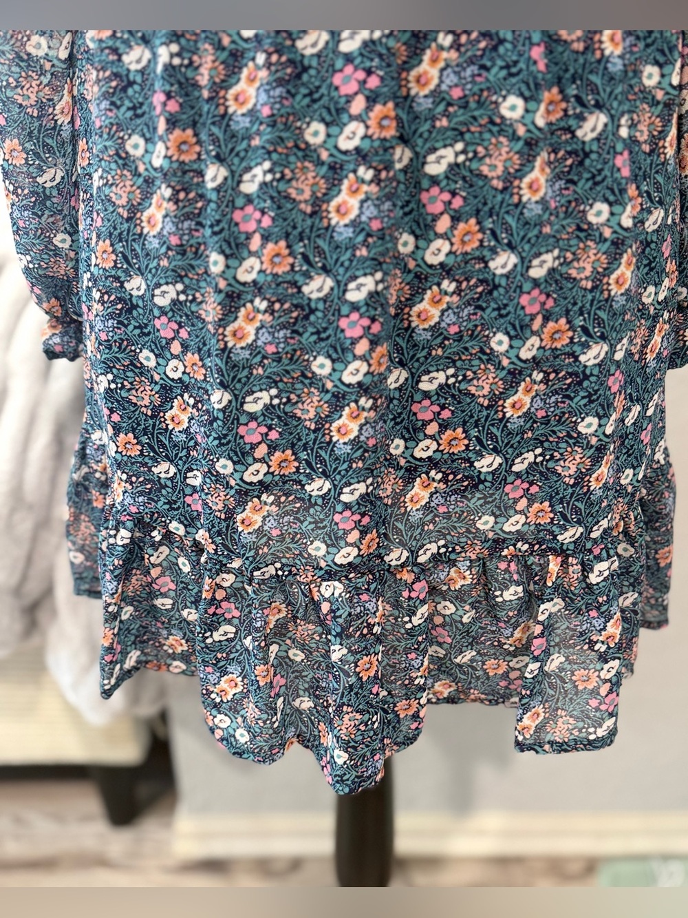 As U Wish Floral Smocked Mini Dress Size M | Blue Teal Floral Long Sleeve Lined - Picture 8 of 11